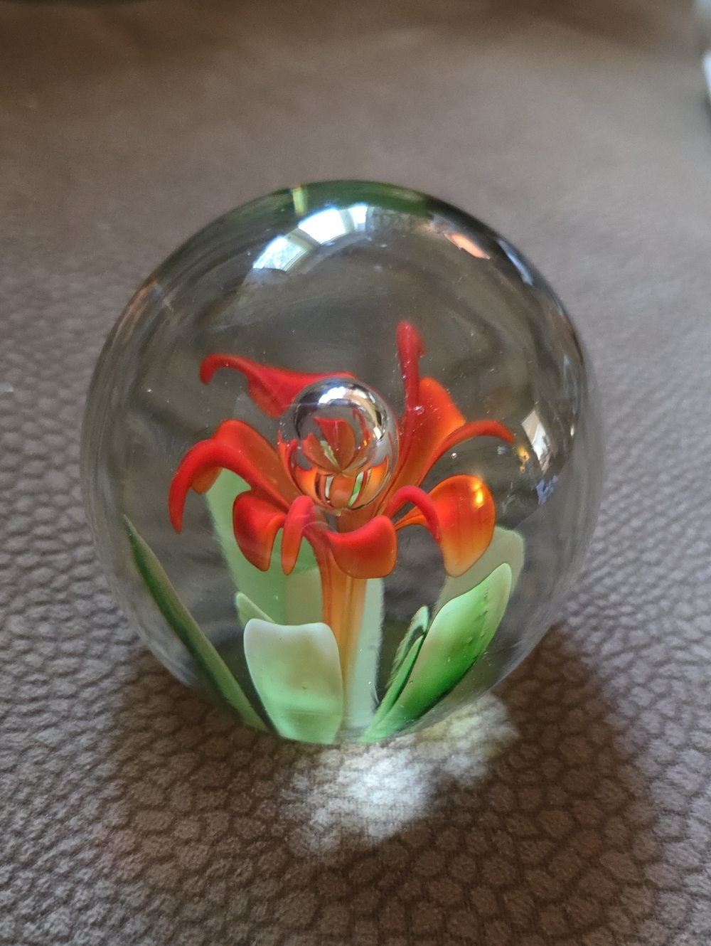 Glass Flower Paperweight - Orange and Green